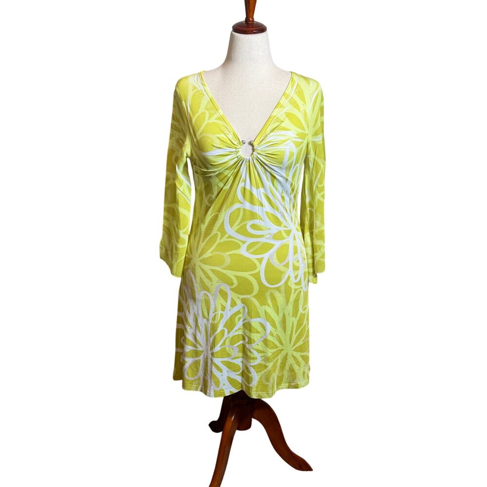 Kristine dress green white 3/4 sleeve rhinestone ring V-neckline 70s retro Sz S